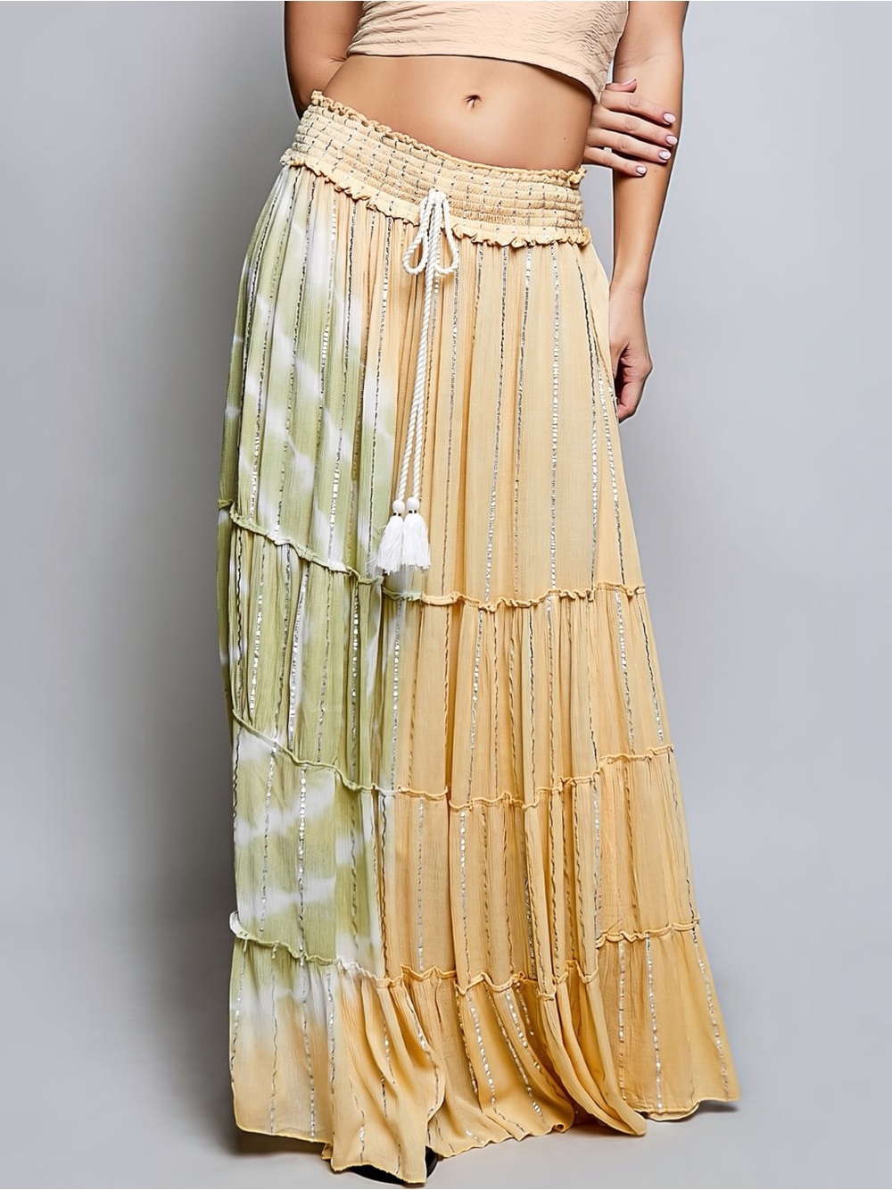POL Tan Sage Boho Tiered Flowy Maxi Skirt | Smocked Waist Desert  Festival - Picture 5 of 9